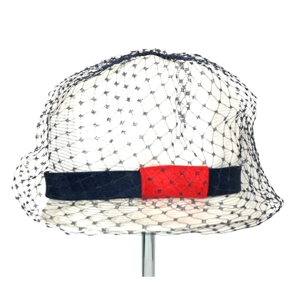 Vintage 50's Ken Blaire Exclusive Tall Cloche Hat White Blue Netting Red 7